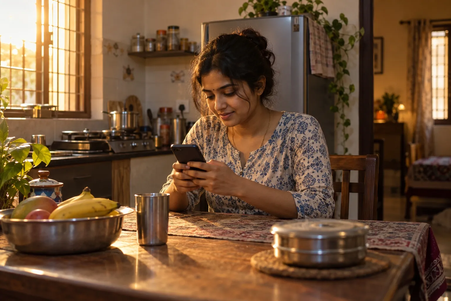 A person writing a message on a phone at home