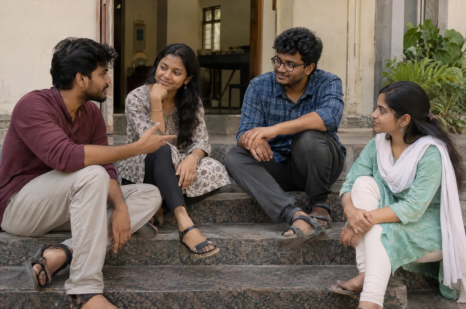 A small group of young people talking on the steps of a community building