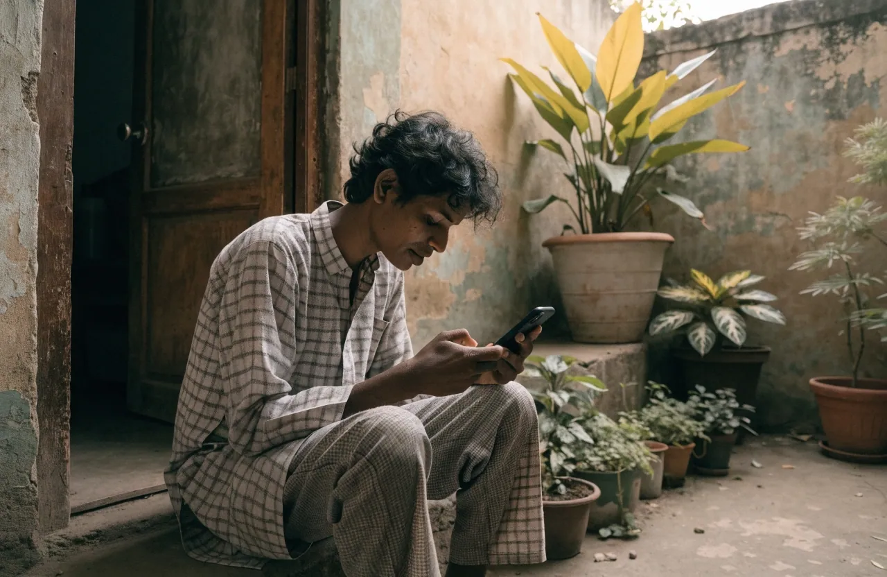 घर के आँगन में फ़ोन पर संदेश लिखता व्यक्ति