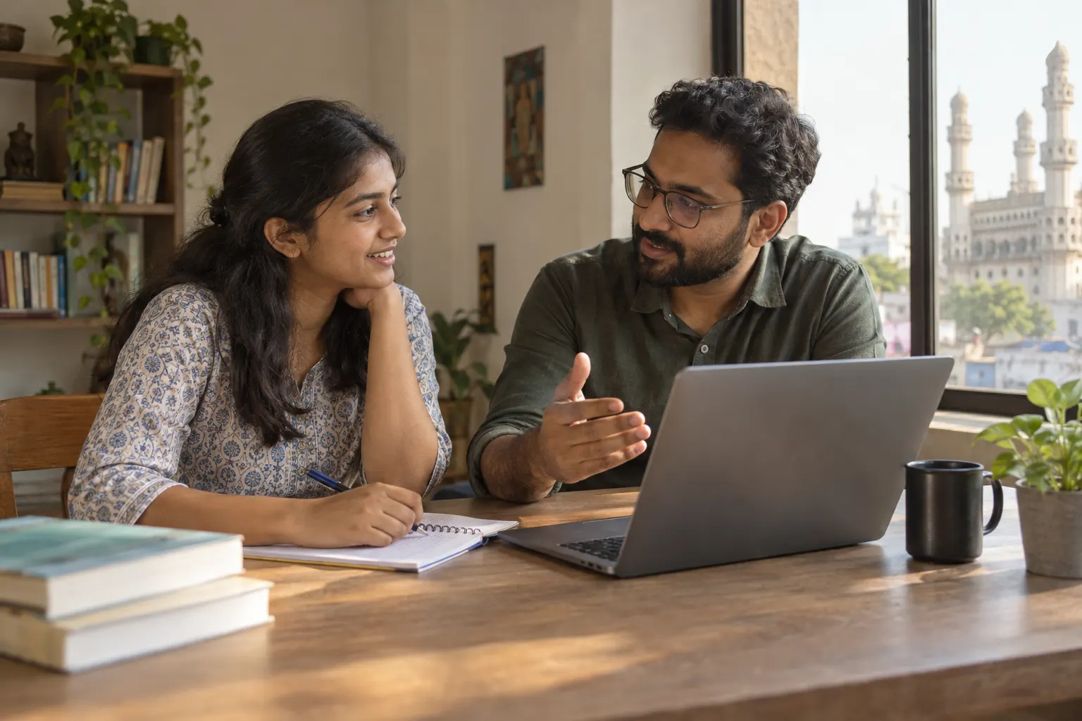 A mentor and a student talking through career options at a desk