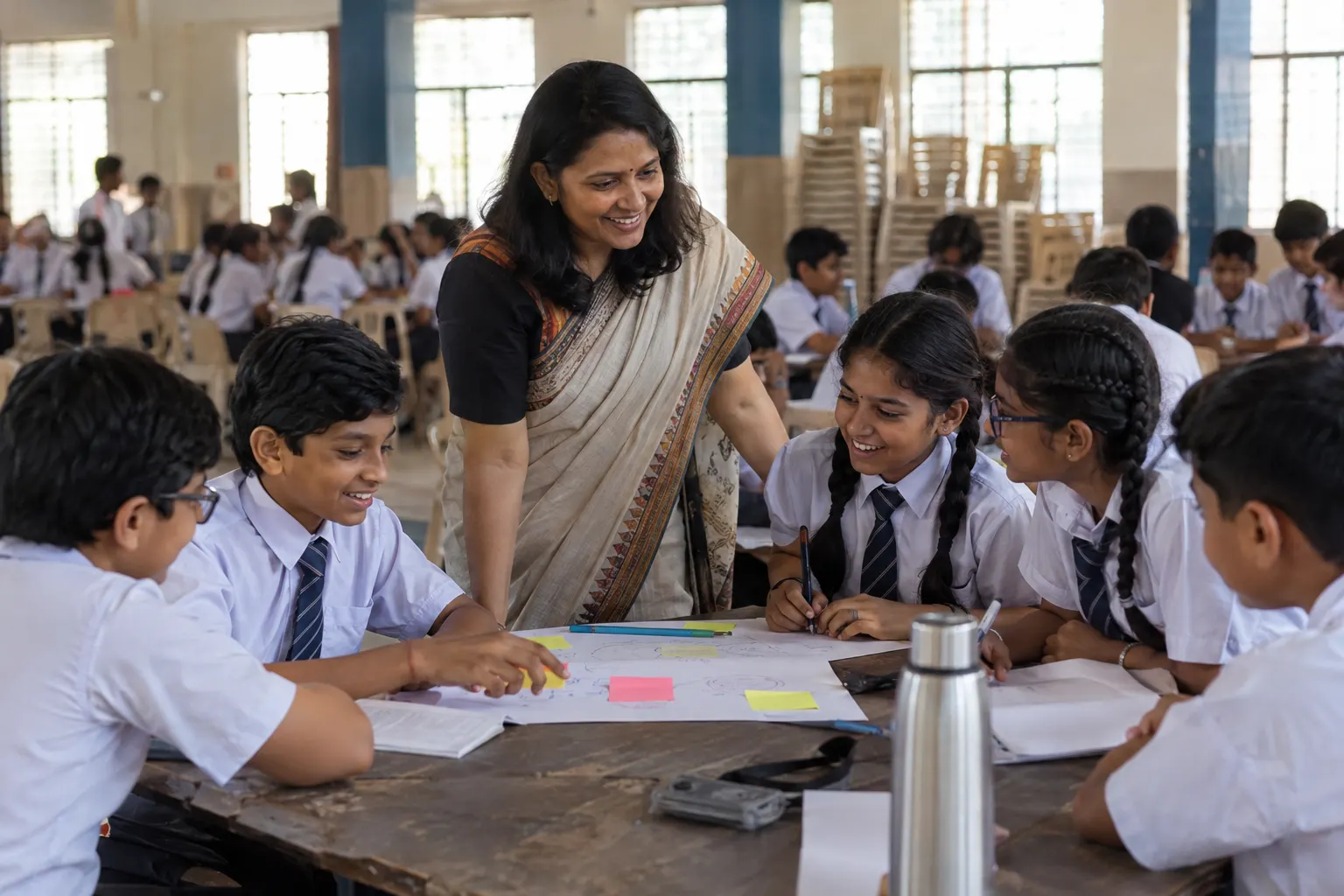 A trainer running a workshop in a school hall