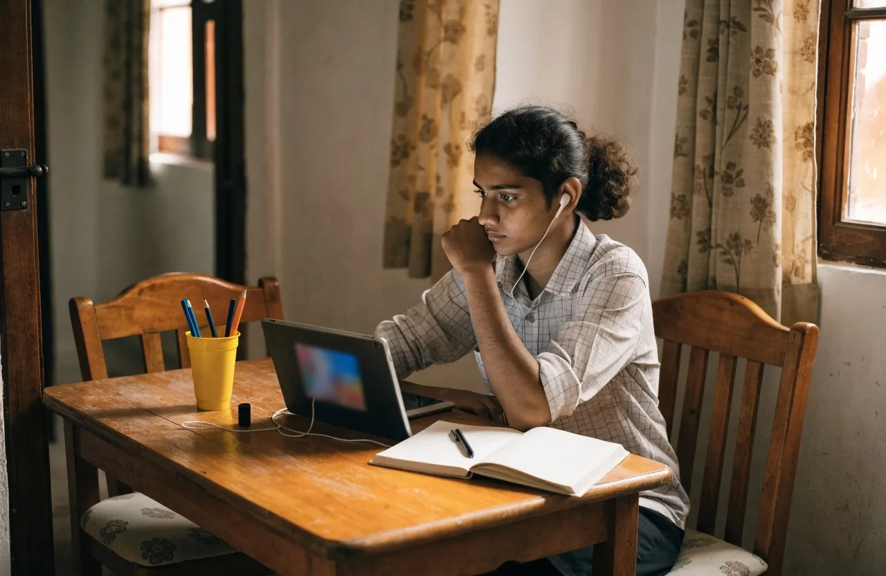 A student with a tablet and earphones watching a recorded lesson at home