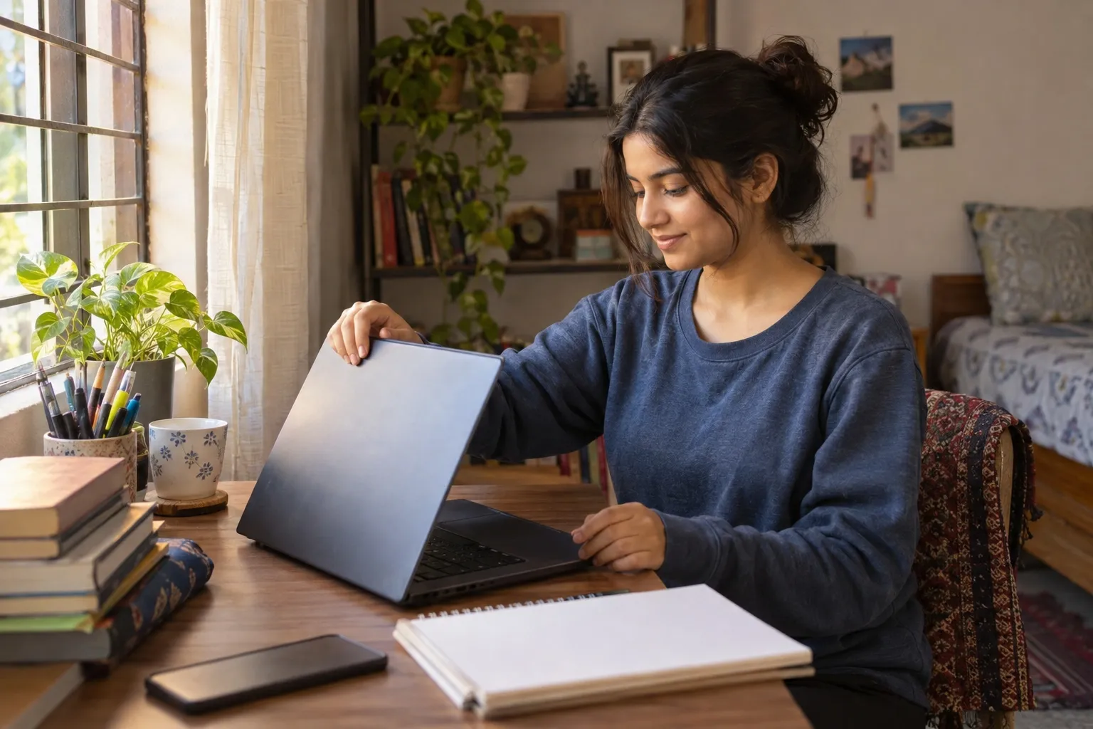 A student at a desk signing in on a laptop