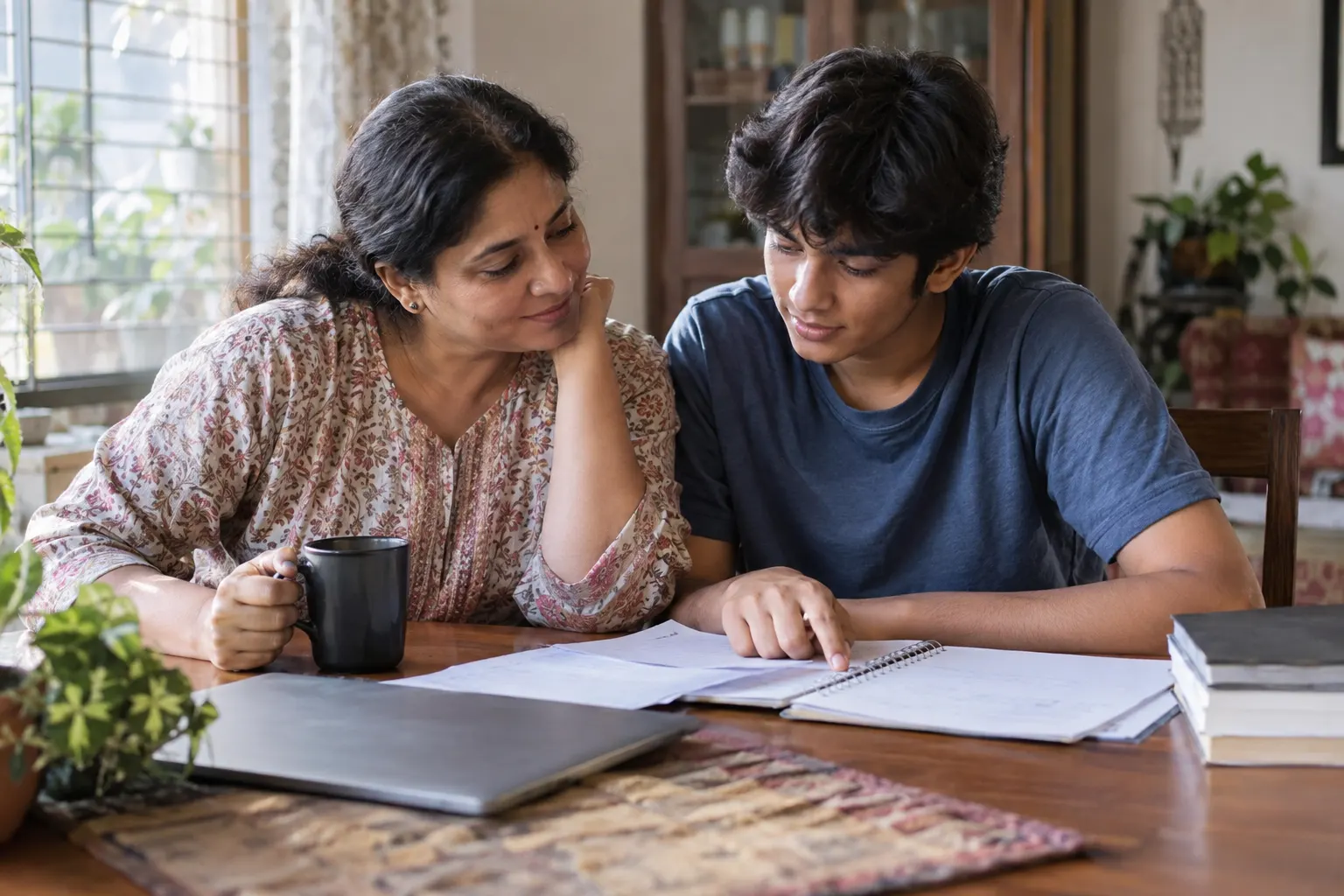 A parent and teenager reviewing papers together
