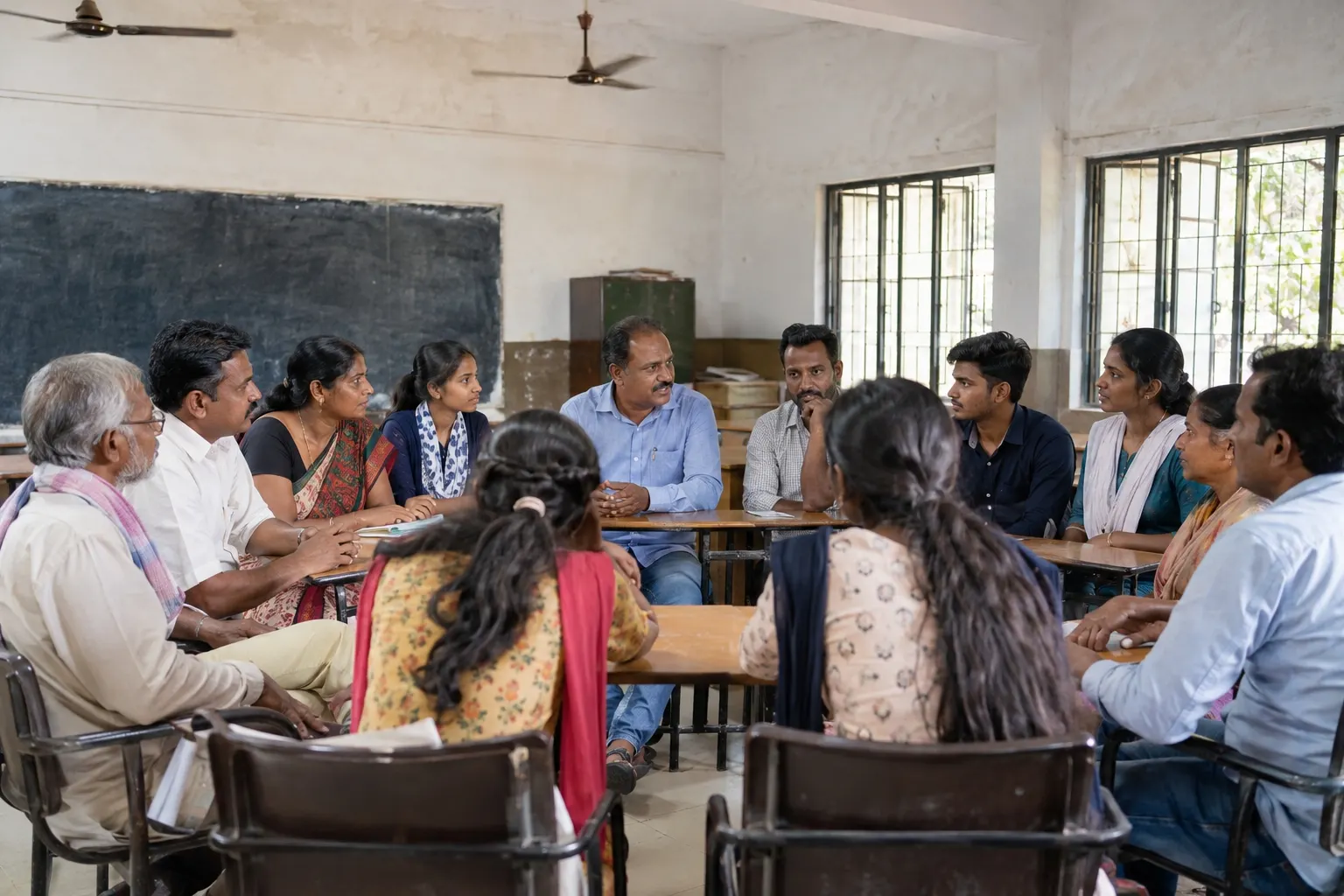 Students, teachers, employers and community members meeting together in a small-town institute