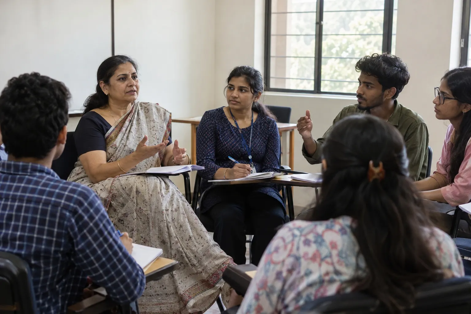 A professional mentor leading a workshop with college students