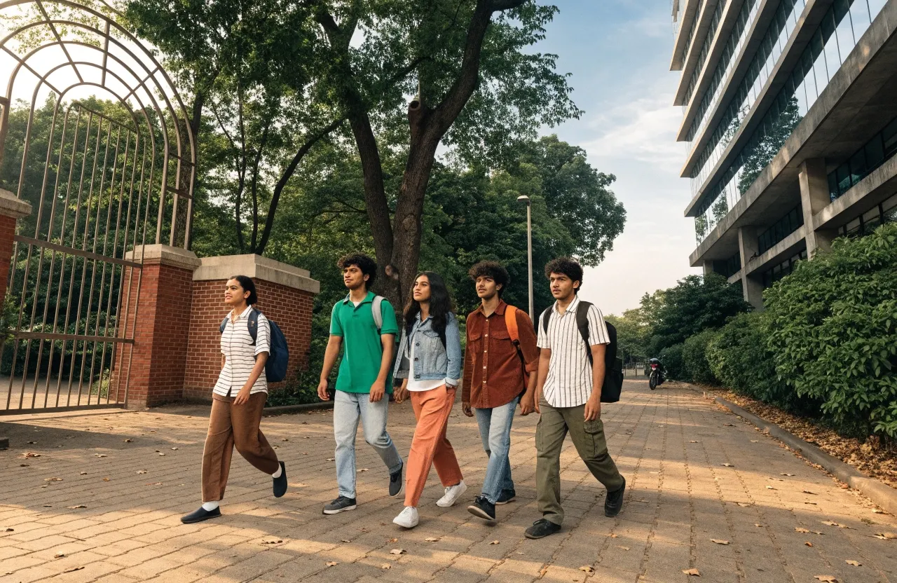 Young graduates walking from a campus gate toward their first workplace